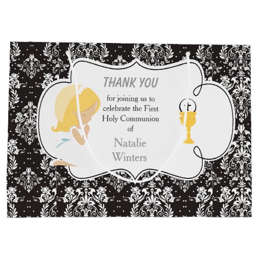 Erste Communion Blonde Hair Girl Danke Große Geschenktüte (Rückseite)