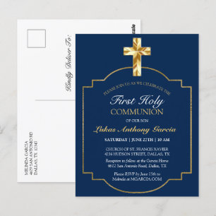 Erste Communion Gold Cross Burgundy Einladung Postkarte
