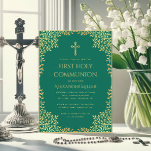 Erste Communion Smarald Green Gold Blätter Vintag Einladung