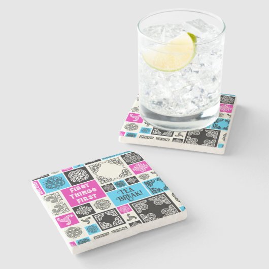 Erste Dinge Erste Teepause! Funny Orange & Green Steinuntersetzer (Seitenansicht)