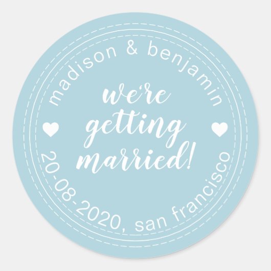 Erste Ehe Save the Date Blau Runder Aufkleber (Vorderseite)