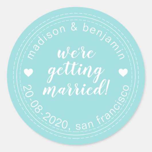 Erste Ehe Save the Date Türkisblau Runder Aufkleber (Vorderseite)