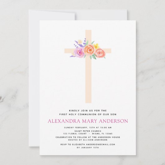 Erste Einladung zur Kommunion Pastel Floral Pink (Vorderseite)