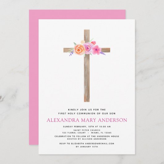 Erste Einladung zur Kommunion Pastel Floral Pink (Vorne/Hinten)