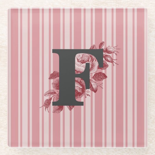 Erste F Monogramm Cabbage-Rose und Streifen Glasuntersetzer (Vorderseite)