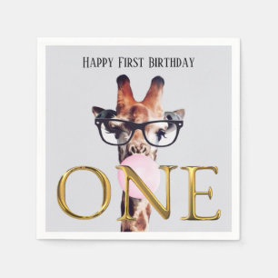 Erste Geburtstag-Giraffe trägt Brille Kaugummi Serviette