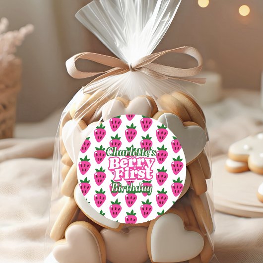 Erste Geburtstag Pink Erdbeere Beere Runder Aufkleber