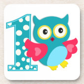 Erste Geburtstags-glückliche Owl Getränkeuntersetzer (Vorderseite)