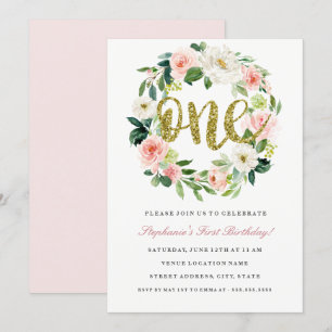 Erste Geburtstags-Roségold-Blumenkranz-Einladung Einladung