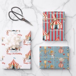 Erste Geburtstags-Zirkustiere Rot Blau Geschenkpapier Set
