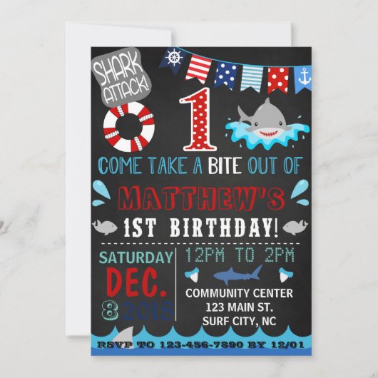 erste Geburtstagseinladung des Haifischs Einladung (Vorderseite)
