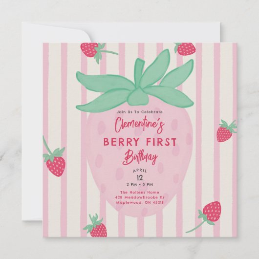 Erste Geburtstagseinladung für Mädchen mit Beeren (Vorderseite)