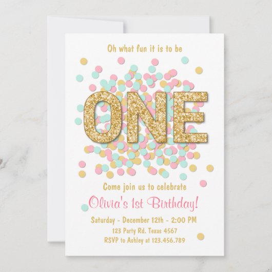 Erste Geburtstagseinladung Mädchen-Rosa-Goldminze Einladung (Vorderseite)