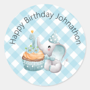 Erste GeburtstagsElephant Baby Boy Sticker Kariert