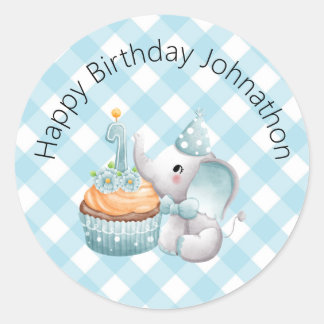 Erste GeburtstagsElephant Baby Boy Sticker Kariert