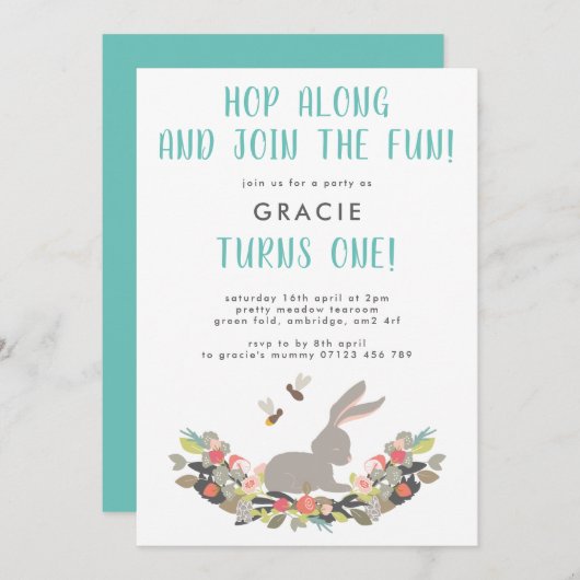 Erste Geburtstagsfeier Niedlicher Frühlingshasen G Einladung (Vorne/Hinten)