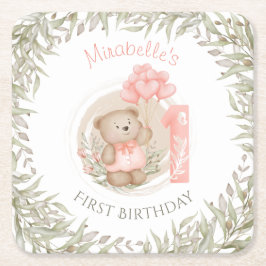 Erste Geburtstagsfeier Niedlicher Teddy Bären Herz Rechteckiger Pappuntersetzer