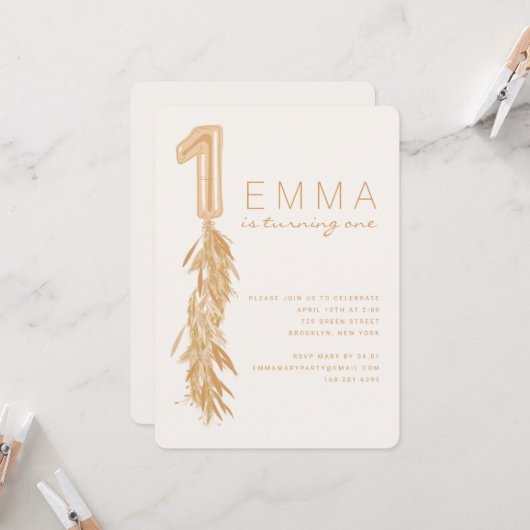 Erste Geburtstagsfeier Pampas Balloon Garland Einl Einladung (Vorderseite/Rückseite Beispiel)