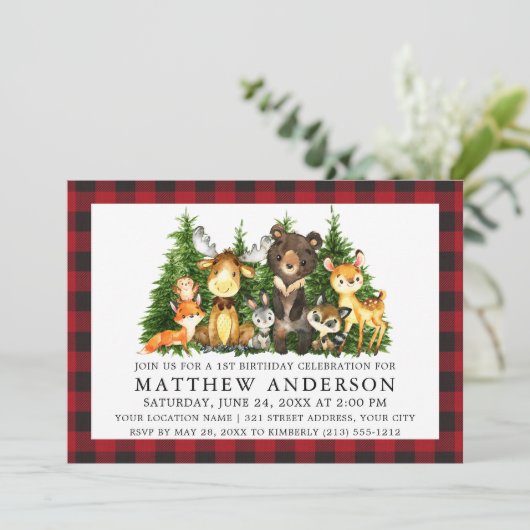 Erste Geburtstagsküstentiere Kariert Einladung (Stehend Vorderseite)