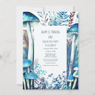 Erste Geburtstagsparty Blue Mushrooms Boho Woods Einladung