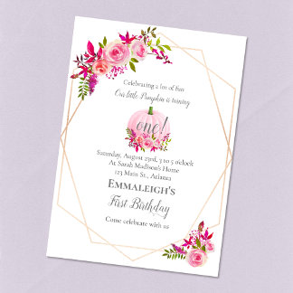 Erste Geburtstagspumpkin Floral Geometric | Pink Einladung
