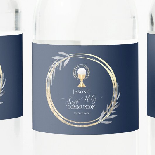 Erste Goldfolie der Heiligen Kommunion Blau und Im Wasserflaschenetikett