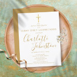 Erste Goldsignatur der Heiligen Kommunion Save the Ankündigungspostkarte<br><div class="desc">Elegante Goldsignatur der First Holy Communion Save the Date mit einem eleganten goldenen Schriftnamen. Personalisieren Sie mit Ihren speziellen Event-Informationen in schicken goldenen Schriften über dieses geschlechtsneutrale Design. Entwickelt von Thisisnotme©</div>