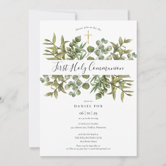 Erste Grüne des heiligen Kommunion Gold Cross Einladung (Vorderseite)