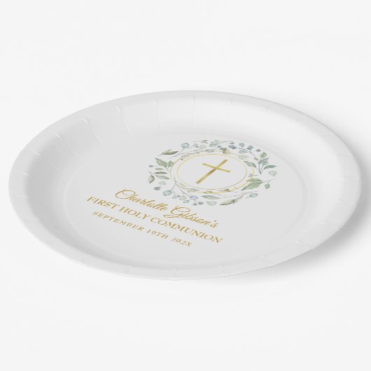 Erste Grüne des heiligen Kommunion Gold Cross Pappteller (Schrägansicht)