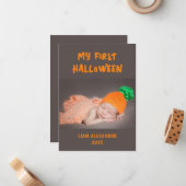 Erste Halloween Baby Foto Grau Mitteilungskarte (Vorderseite/Rückseite Beispiel)