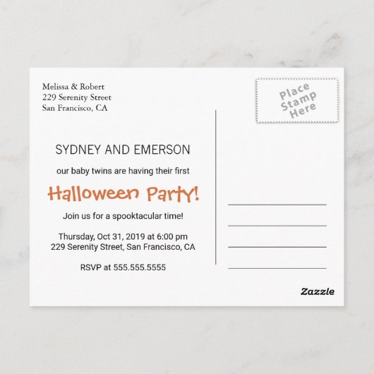 Erste Halloween Baby Twins Party Einladung Postkarte (Rückseite)