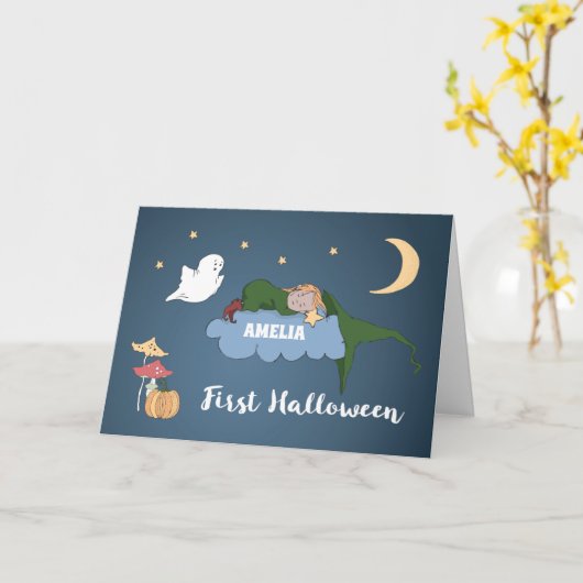 Erste Halloween Girl Sleeping auf Cloud Personaliz Karte (Gelbe Blume)