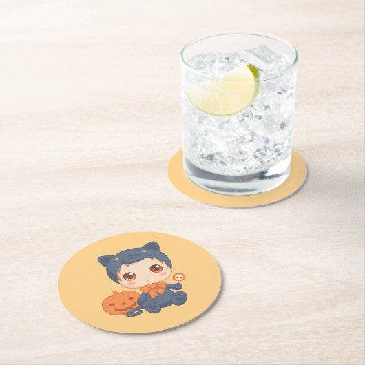 Erste Halloween-Niedlich-Kinderkatzenkostüm Runder Pappuntersetzer (Vor Ort)