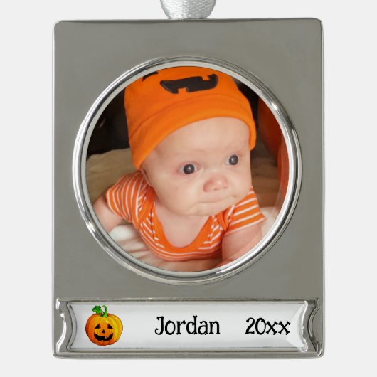 Erste Halloween Niedlich Pumpkin Personalize Name Banner-Ornament Silber (Vorderseite)