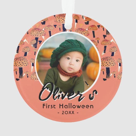 Erste Halloween Orange Mushroom Fall Foto Ornament (Rückseite)