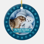 Erste Hanukkah Pet Kitten Foto Paws Stars Navy Keramik Ornament (Hinten)