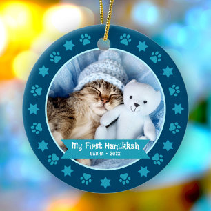 Erste Hanukkah Pet Kitten Foto Paws Stars Navy Keramik Ornament