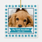 Erste Hanukkah Pet Puppy Foto Türkis Paws Niedlich Keramikornament (Rückseite)