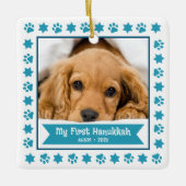 Erste Hanukkah Pet Puppy Foto Türkis Paws Niedlich Keramikornament (Vorderseite)