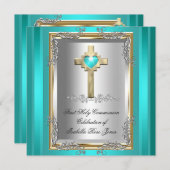 Erste Heilige Kommune 1. Girl Boy Kreuz Aquamarin Einladung (Vorne/Hinten)