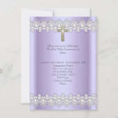 Erste Heilige Kommune 1. Girls Cross Lavender Lace Einladung (Rückseite)
