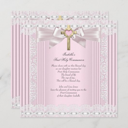 Erste heilige Kommune 1. Girls Cross Pink Lace 5 Einladung (Vorne/Hinten)