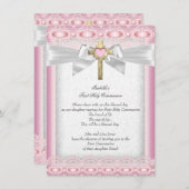 Erste heilige Kommune 1. Girls Cross Pink Lace Einladung (Vorne/Hinten)