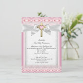 Erste heilige Kommune 1. Girls Cross Pink Lace Einladung (Stehend Vorderseite)