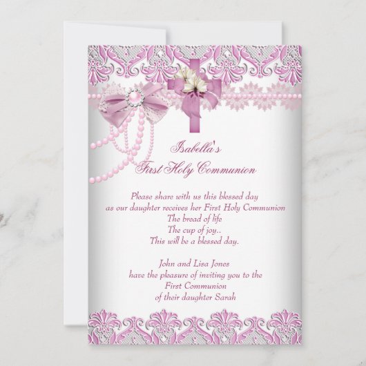 Erste heilige Kommune 1. Girls Pink Pearl Lace Einladung (Vorderseite)