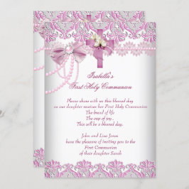 Erste heilige Kommune 1. Girls Pink Pearl Lace Einladung