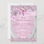 Erste heilige Kommune 1. Kreuzmädchen Rosa Spitzen Einladung (Vorderseite)