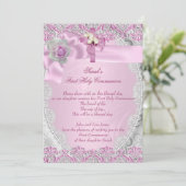 Erste heilige Kommune 1. Kreuzmädchen Rosa Spitzen Einladung (Stehend Vorderseite)