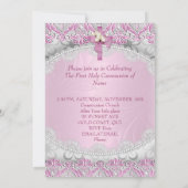 Erste heilige Kommune 1. Kreuzmädchen Rosa Spitzen Einladung (Rückseite)