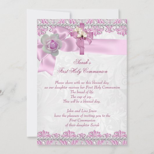 Erste heilige Kommune 1. Kreuzmädchen Weiß Rosa 2 Einladung (Vorderseite)